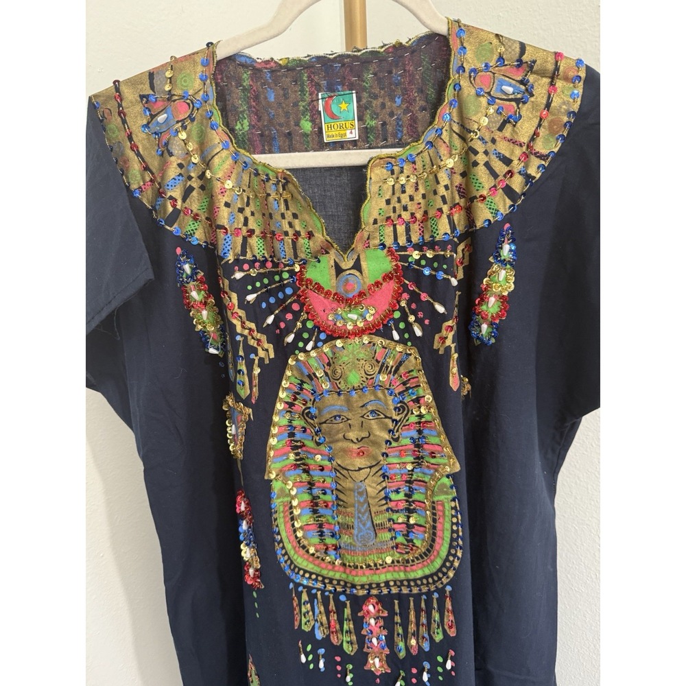 Horus Vintage Egyptian kaftan Robe, Black/ Gold Nefertiti/ Tutankhamun Design 4‎ - Picture 2 of 10